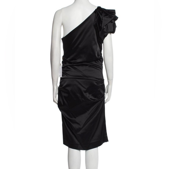 Nicole Miller One Shoulder Elegant Black Sheath Midi Cocktail Evening Dress NWT - Picture 3 of 13